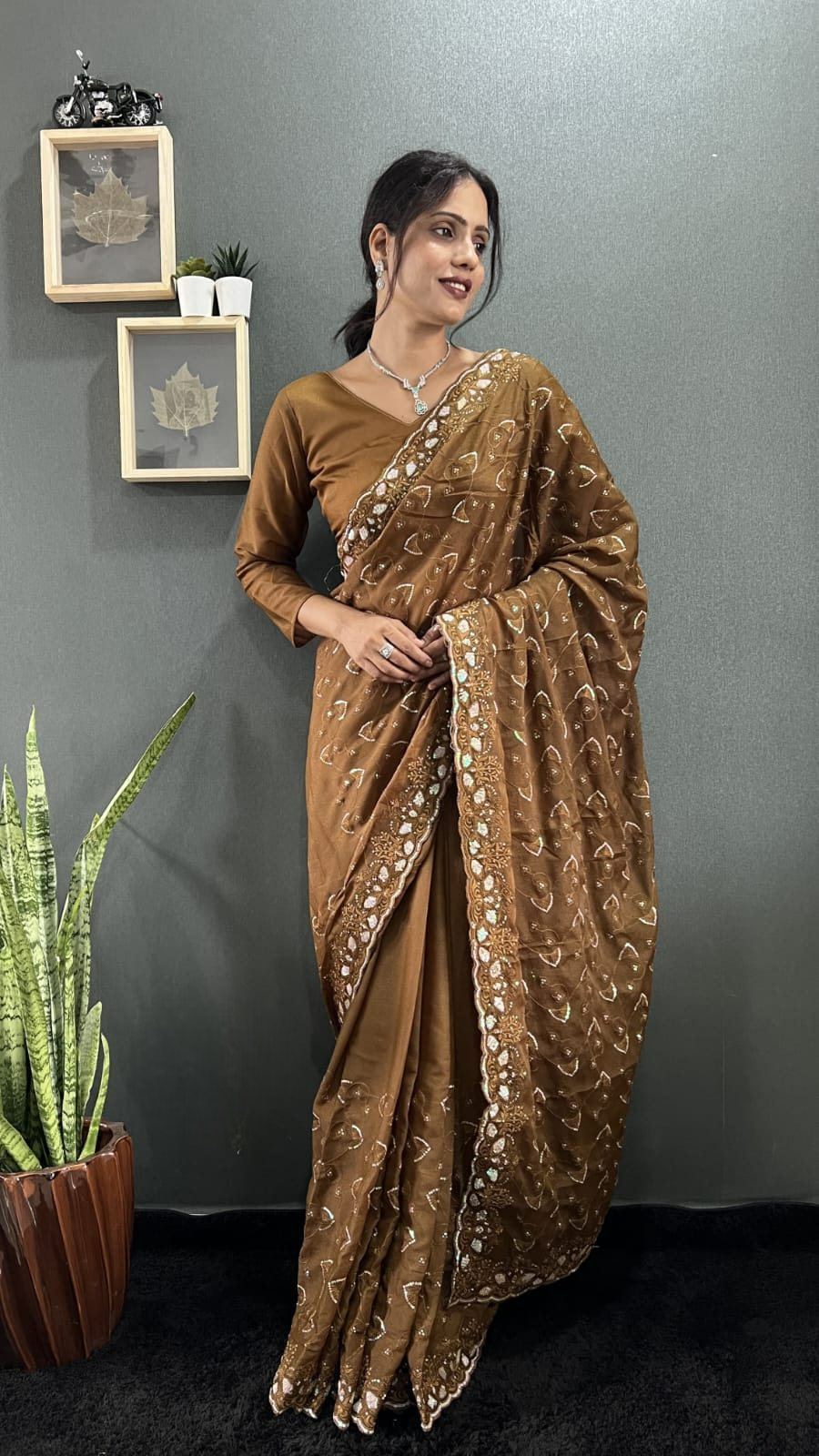 Dusty Rose Pink Georgette Embroidery Silk Saree